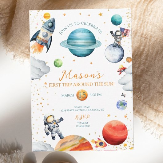 コズミックアドベンチャーウォーターカラー宇宙誕生日 招待状