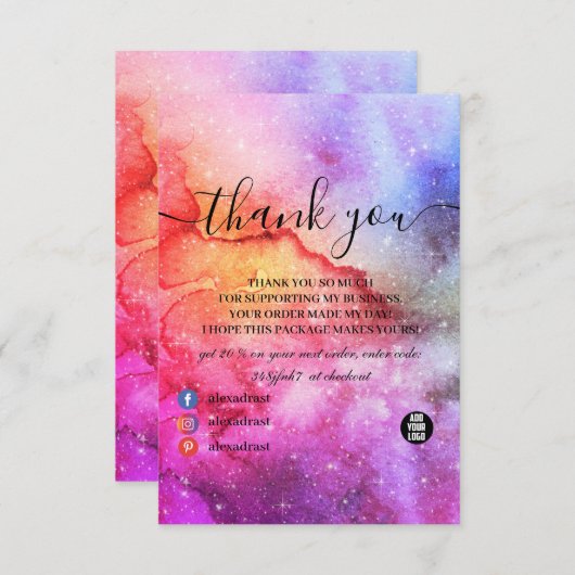 コズミックインクターコイズブルーピンク銀河系星雲 サンキューカード (正面/裏面)