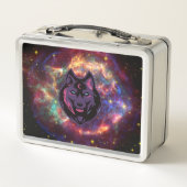 コズミックウルフ、パープルグラフィックアート、銀河系背景 メタルランチボックス (裏面)