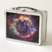 コズミックウルフ、パープルグラフィックアート、銀河系背景 メタルランチボックス (正面)