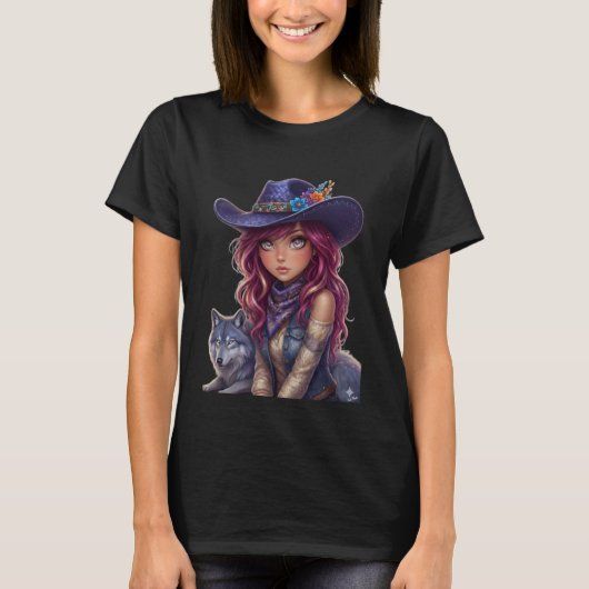 コズミックカウガールとスピリットウルフの水彩マジック Tシャツ (正面)