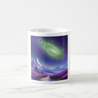 コズミックギャラクシーマグ – 紫の山の上の緑の星雲 コーヒーマグカップ