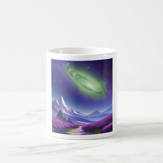 コズミックギャラクシーマグ – 紫の山の上の緑の星雲 コーヒーマグカップ (中央)