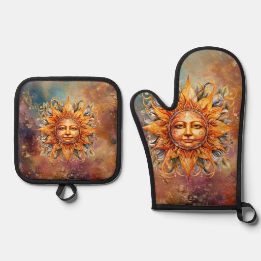 コズミックサン顔デジタルアート 鍋つかみ&鍋敷きセット (正面)