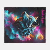 コズミックシュレアルファンタジーウルフカスタム抽象芸術アート フリースブランケット (正面(横))