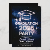 コズミックディナパーソナライズされたーディナー卒業ダークブルー 招待状 (正面/裏面)