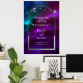 コズミックパープルティール(緑がかった色)サンムーンスターウェルカムサイン ポスター (ホームオフィス)