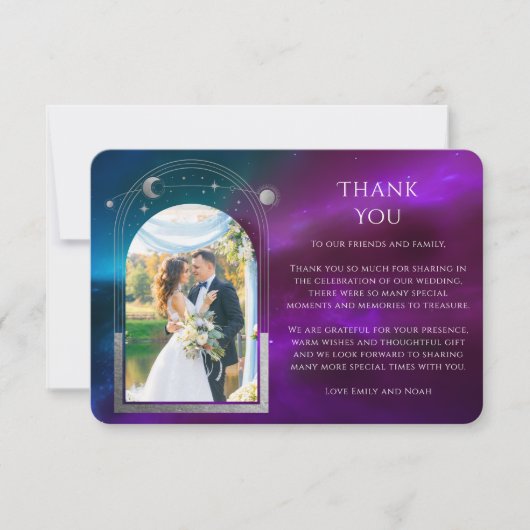 コズミックパープルティール(緑がかった色)サンムーンスターズ結婚写真 サンキューカード (正面)