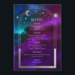 コズミックパープルティール（緑がかった色）シルバーサンムーンスターズ結婚ズ メニュー<br><div class="desc">コズミックパープルティール（緑がかった色）シルバーサンムーンスターズ宇宙のメニューカード結婚は、銀色の太陽、月、星のフレームをカラフルの神秘的な紫、ティール（緑がかった色）、青の宇宙背景に備え、その中央にシルバーカリグラフィッモダンク・スクリプトのメニュー詳細を備えている。提供されている文字・ボックスで文字を編集してパーソナライズ。© Evco Studio www.zazzle.com/store/evcostudioによる設計</div>