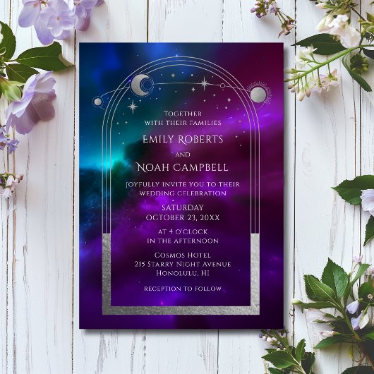 コズミックパープルティール(緑がかった色)シルバーサンムーン天文学宇宙 招待状