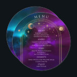 コズミックパープルティール（緑がかった色）金ゴールドサンムーンスターズ結婚ズ メニュー<br><div class="desc">宇宙パープルティール（緑がかった色）金ゴールド太陽ムーンスターズ宇宙のメニューカード結婚は、金ゴールド太陽、月、星のフレームをカラフル神秘的な紫、ティール（緑がかった色）、青の宇宙の背景に備え、金ゴールド書のスクリプトの中心にあなたのメニュー詳細をモダン中心に。提供されている文字・ボックスで文字を編集してパーソナライズ。Evco Studio ©(www.zazzle.com/store/evcostudio)による設計</div>