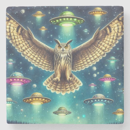 コズミックフクロウの夜景 – UFOs in the sky ストーンコースター (正面)