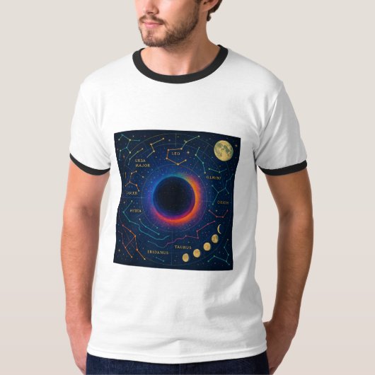 コズミックブラックホール&星座アート – 天空 Tシャツ (正面)