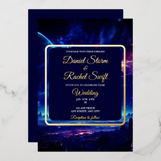 コズミックブルー星雲結婚天体 箔招待状 (正面/裏面)