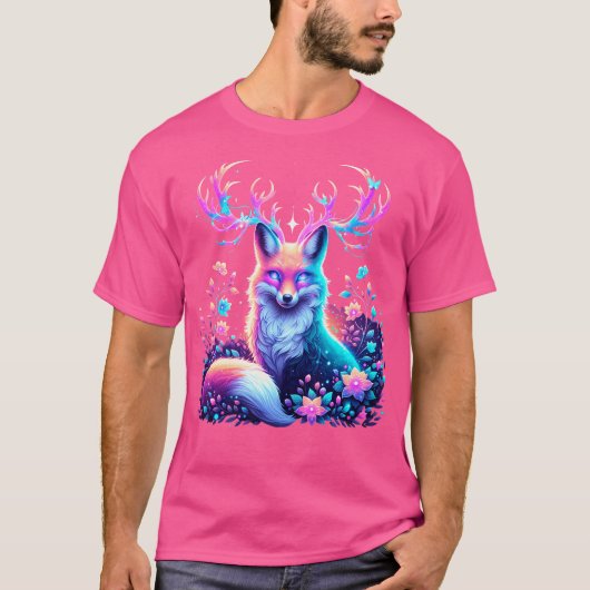 コズミックボホキツネ白熱［赤熱］光を放つ〔雄ジカの〕枝角・フローラデ Tシャツ (正面)