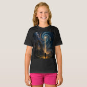 "コズミックポータルアドベンチャー – 女の子のブラックグラフィック Tシャツ (正面フル)