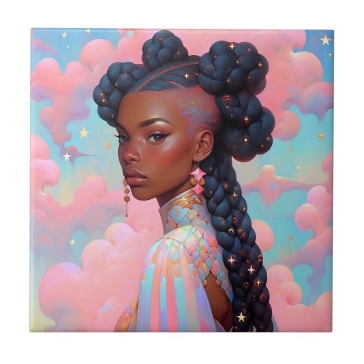 コズミックレディーアフリカンアメリカンファンタジーアート タイル (正面)