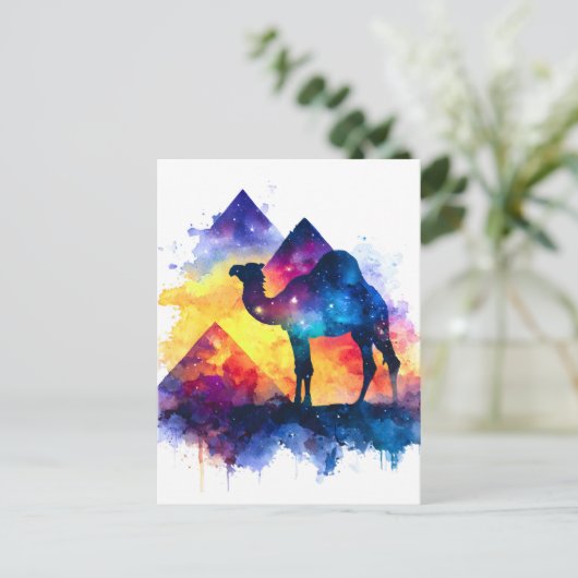 コズミック星空の夜エジプトのラクダの風景 シーズンポストカード (スタンド正面)