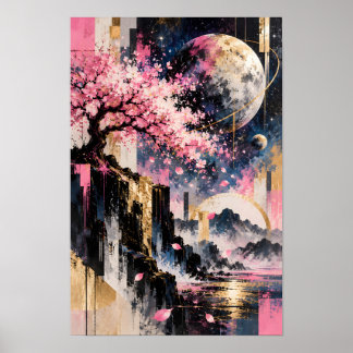コズミック桜ギルデッドヴォルテックス ピンクゴールド銀河アート ポスター