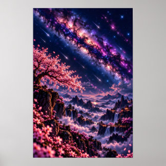 コズミック桜: 銀河の夜の天体銀河アート ポスター