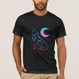 コズミック・ウルフ・ハウル - ネオンムーンと星 Tシャツ