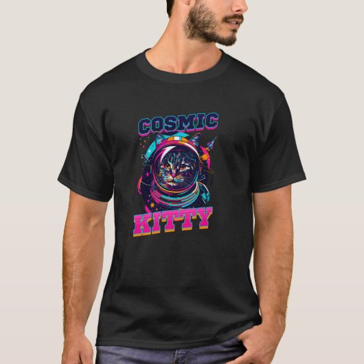 コズミック・キティ・デザイン・猫・宇宙飛行士 Tシャツ (正面)