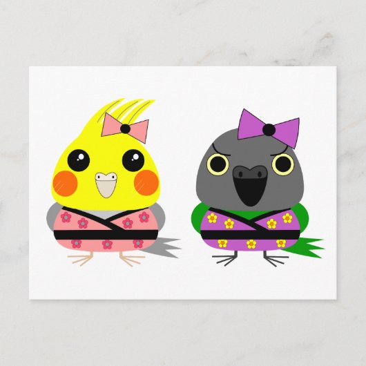 コッカティエルとセネガルパロットが着物を着て ポストカード (正面)