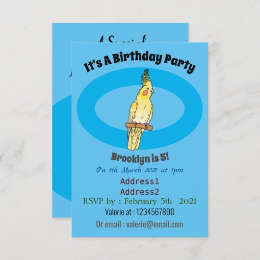 コッカティエル鳥の漫画イラストレーション 招待状 (正面/裏面)