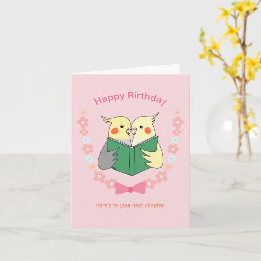 コッカティエ読ルの本かわいいバーディーの誕生日 カード (黄色い花)