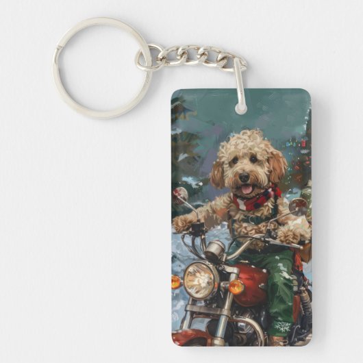 コッカプーの犬がバイクに乗るクリスマス キーホルダー (正面)