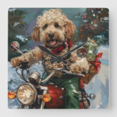 コッカプーの犬がバイクに乗るクリスマス スクエア壁時計 (正面)