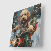 コッカプーの犬がバイクに乗るクリスマス スクエア壁時計 (傾斜)