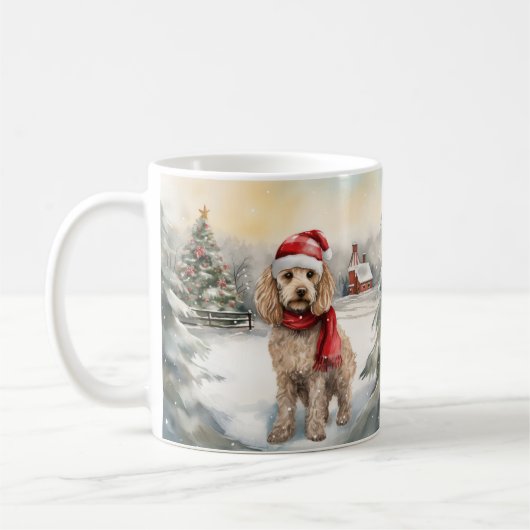 コッカプーの犬と雪のクリスマス コーヒーマグカップ (左)