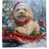 コッカプーの犬のそり遊び 雪だるまクリスマス シャワーカーテン (正面)