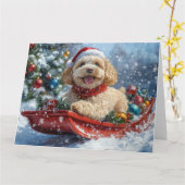 コッカプー犬のそり「雪を降らせて」クリスマス カード (黄色い花)