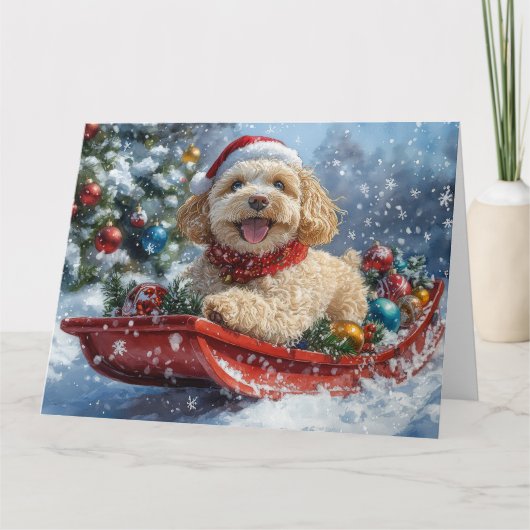 コッカプー犬のそり「雪を降らせて」クリスマス カード (正面)