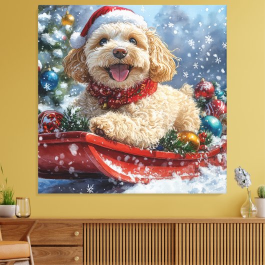 コッカプー犬のそり 雪を降らせて クリスマス キャンバスプリント (インサイチュ (リビング))