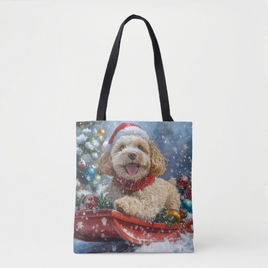 コッカプー犬のそり 雪を降らせて クリスマス トートバッグ (正面)