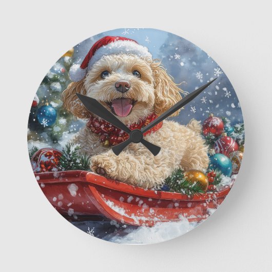 コッカプー犬のそり 雪を降らせて クリスマス ラウンド壁時計 (正面)