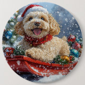 コッカプー犬のそり 雪を降らせて クリスマス 缶バッジ (正面)