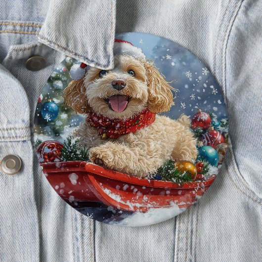 コッカプー犬のそり 雪を降らせて クリスマス 缶バッジ (インサイチュ)