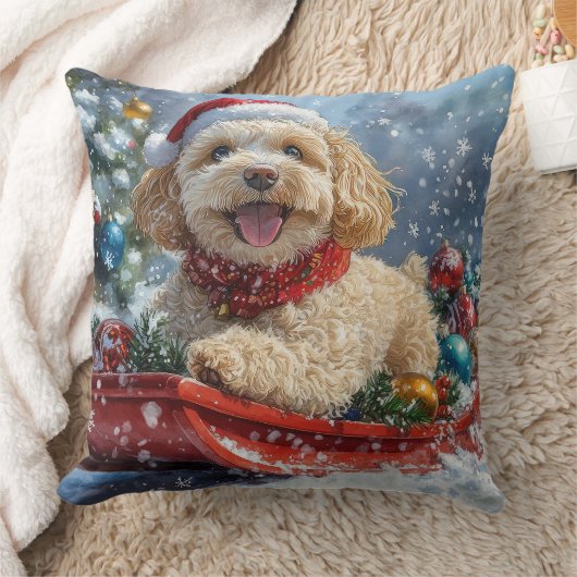 コッカプー犬のそり「Let it Snow」クリスマス クッション (ブランケット)