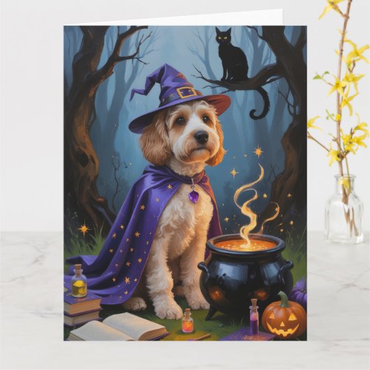 コッカプー犬のウィズミカルなハロウィンの絵画 カード (黄色い花)