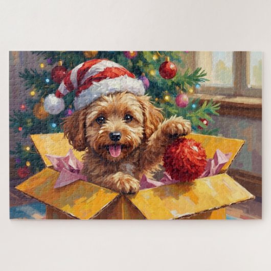 コッカプー犬のクリスマスギフトボックスサプライズ ジグソーパズル (横)