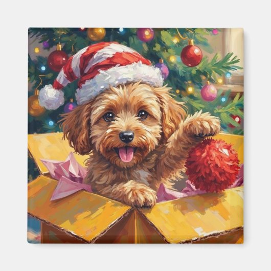 コッカプー犬のクリスマス ギフトボックス サプライズ マグネット (正面)