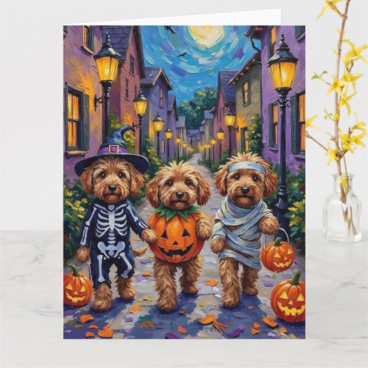 コッカプー犬のハロウィンコスチュームお菓子もらい カード (黄色い花)