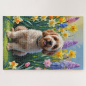 コッカプー犬の春の花の絵画 ジグソーパズル (横)
