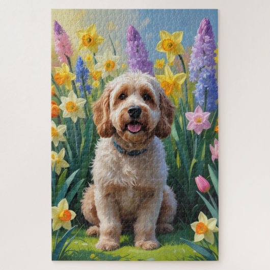 コッカプー犬の春の花の絵画 ジグソーパズル (縦)