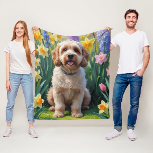 コッカプー犬の春の花の絵画 フリースブランケット (インサイチュ)