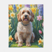 コッカプー犬の春の花の絵画 フリースブランケット (正面)